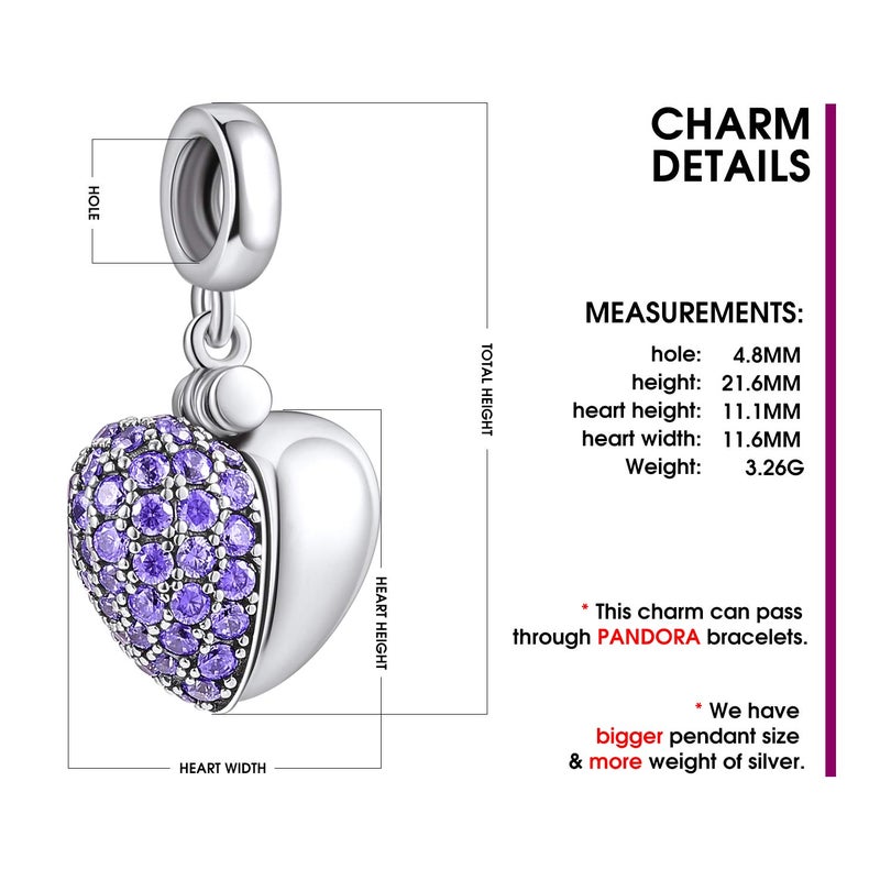 NINGAN â€œI Love Youâ€ Light Purple Love Heart Dange Charm 925 Sterling Silver Pendant Beads fit Bracelets & Necklaces, Birthday Gift for Women - Image 3